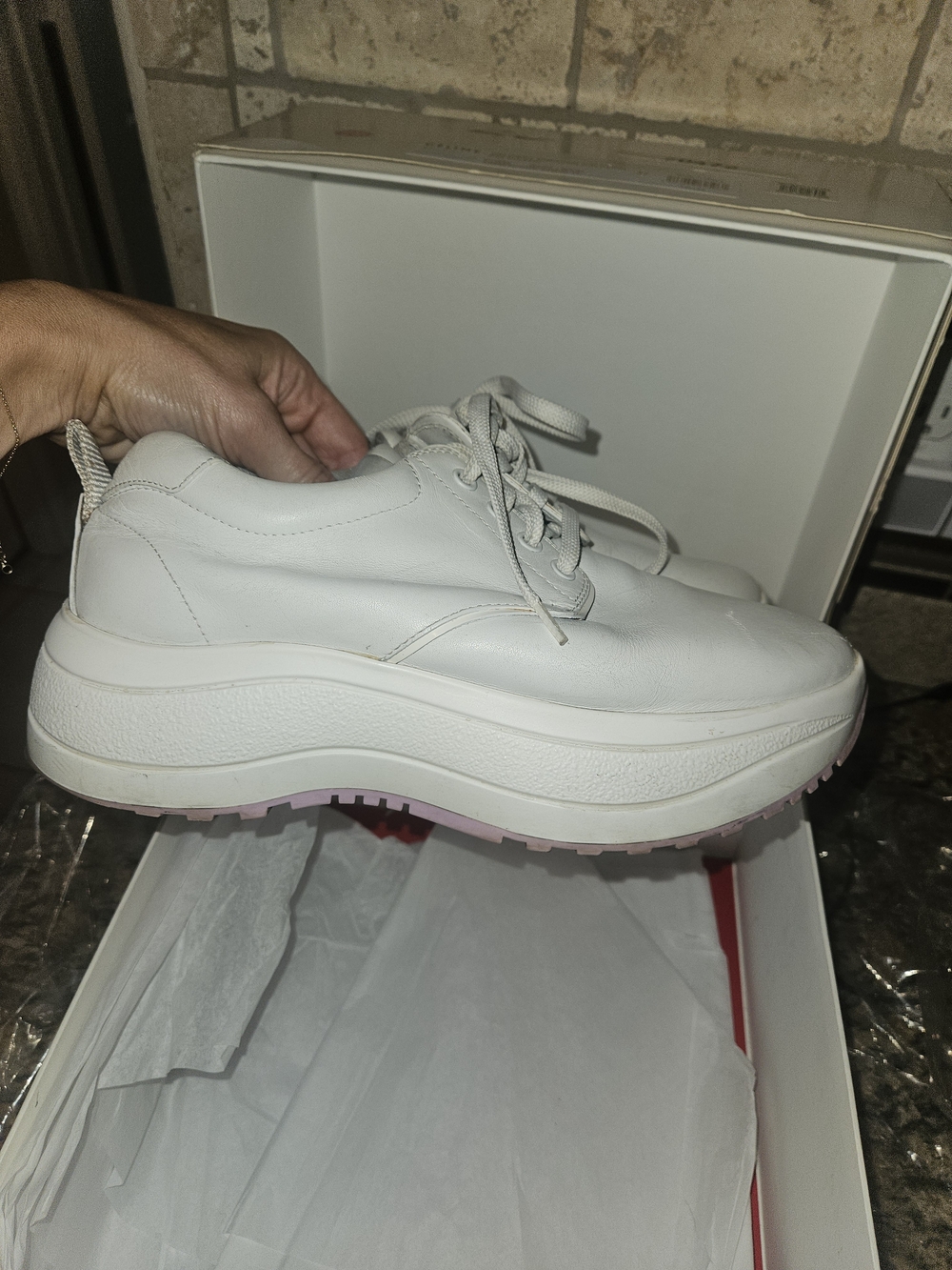 Celine White Platform Lace-Up Sneakers with Pink Outsole